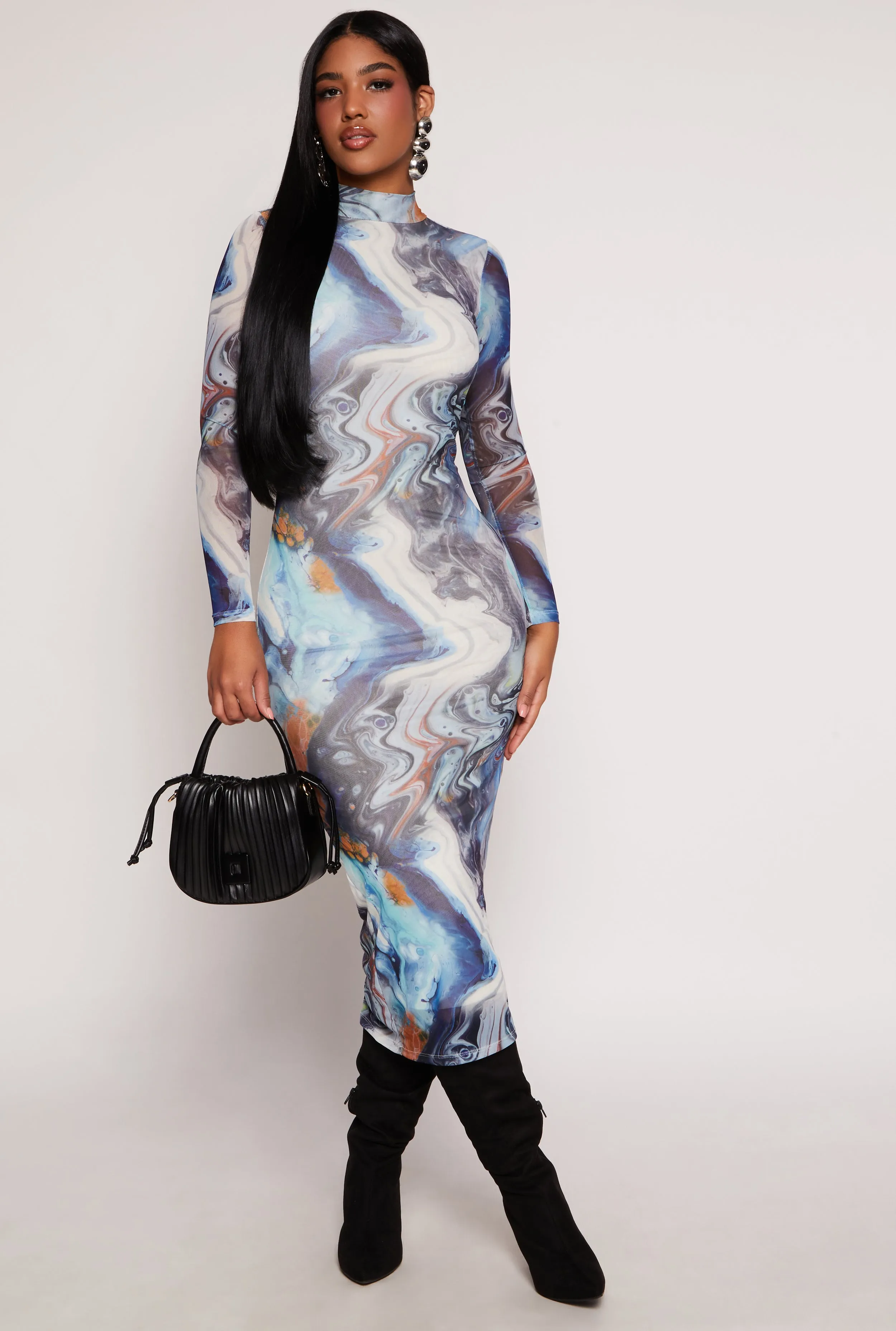 Almost Famous Mesh Swirl Print Open Back Dress