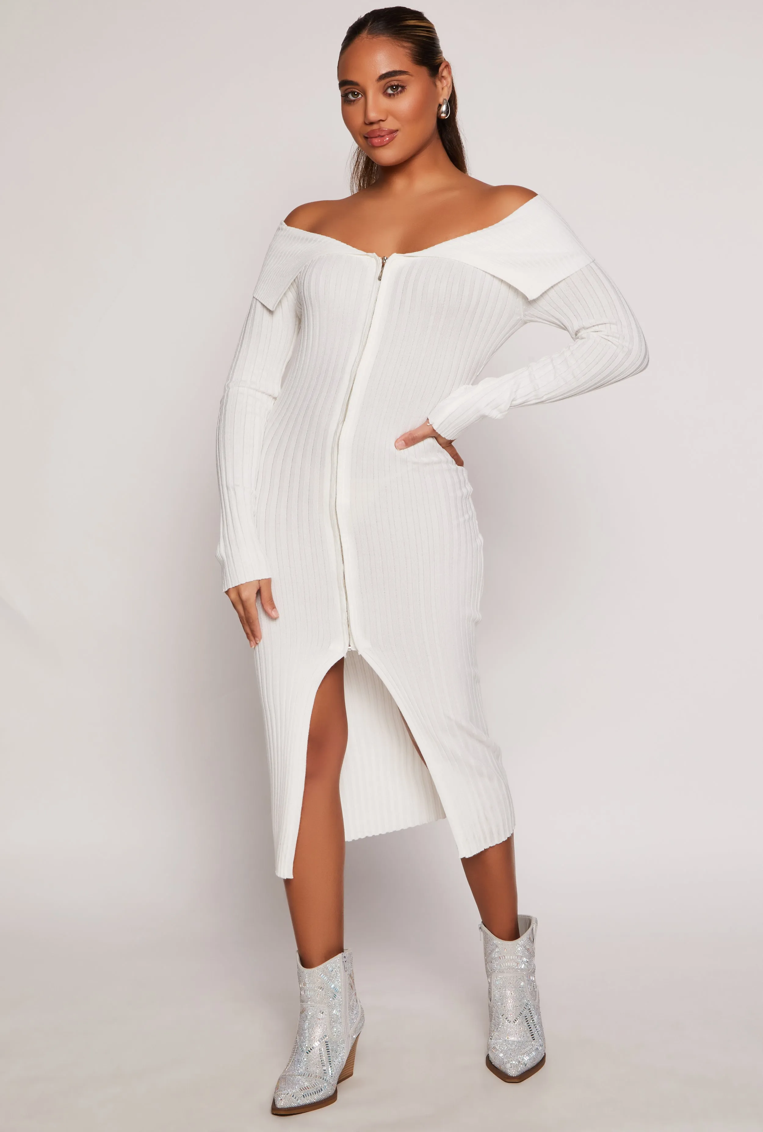 Almost Famous Zip Off the Shoulder Sweater Dress