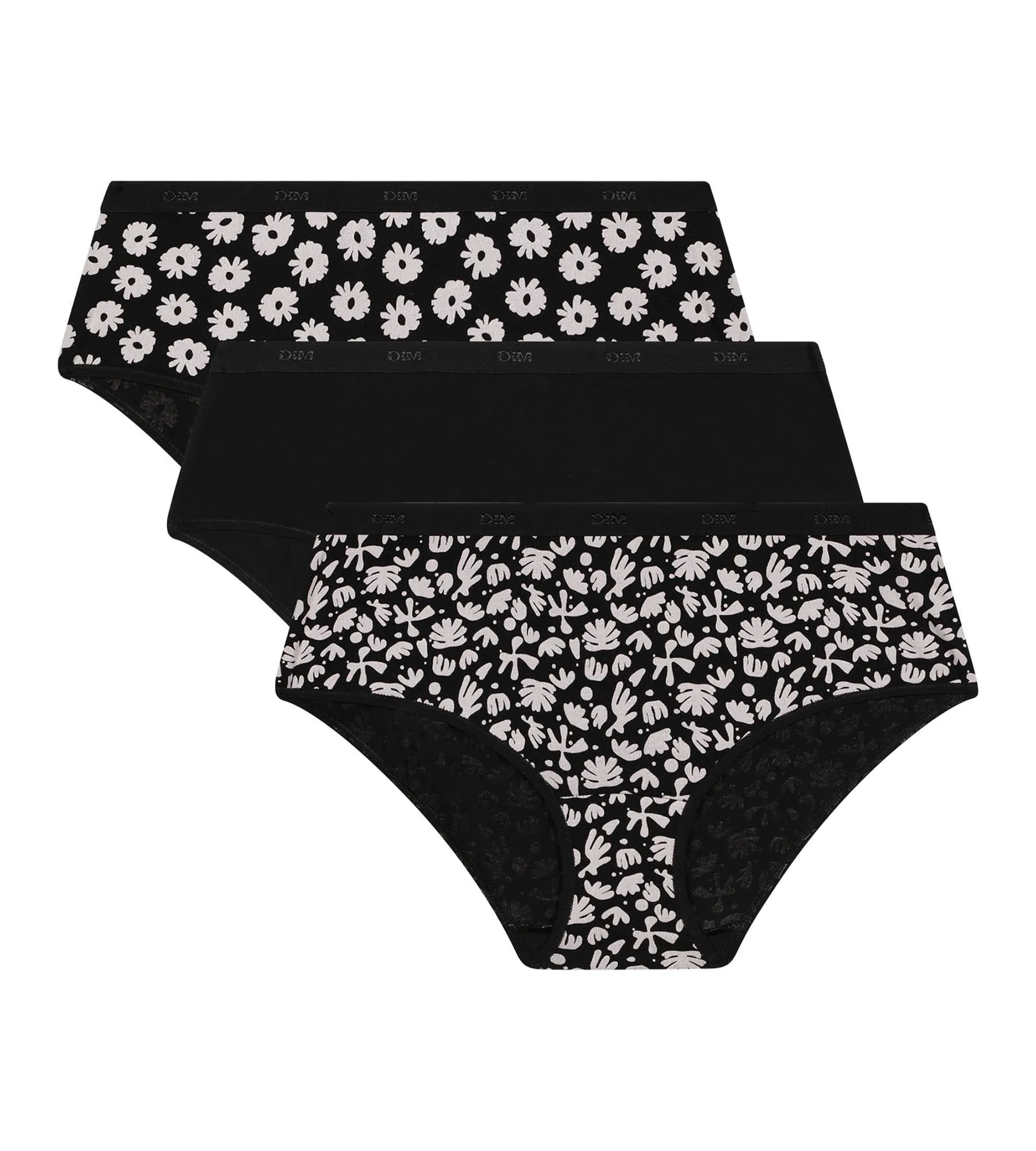 Lot de 3 shorties femme coton stretch Noir Beige à fleurs Les Pockets