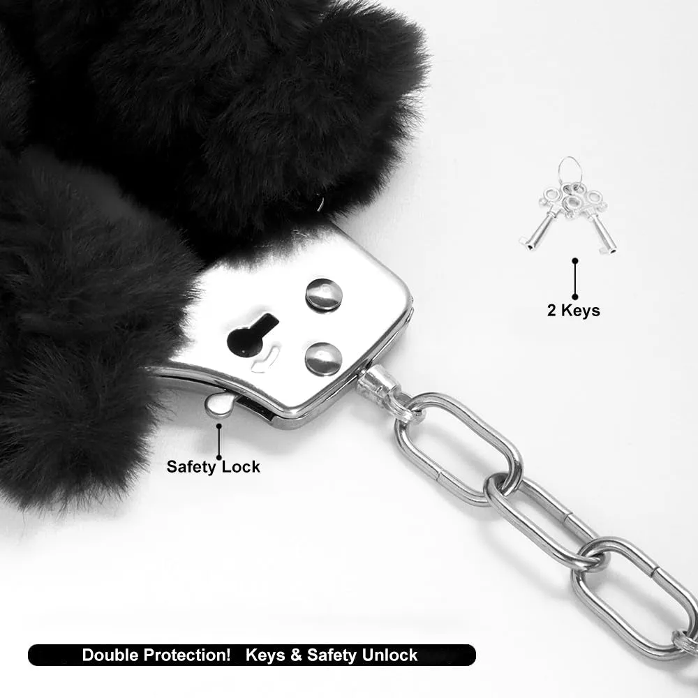 Love Cuffs Furry BDSM Handcuffs Bondage Fluffy Metal Strong Restraints Black