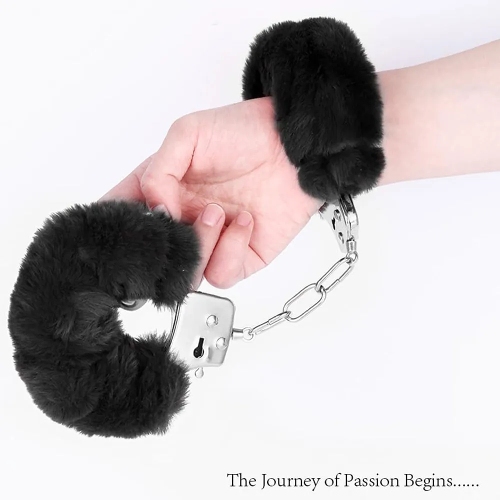 Love Cuffs Furry BDSM Handcuffs Bondage Fluffy Metal Strong Restraints Black