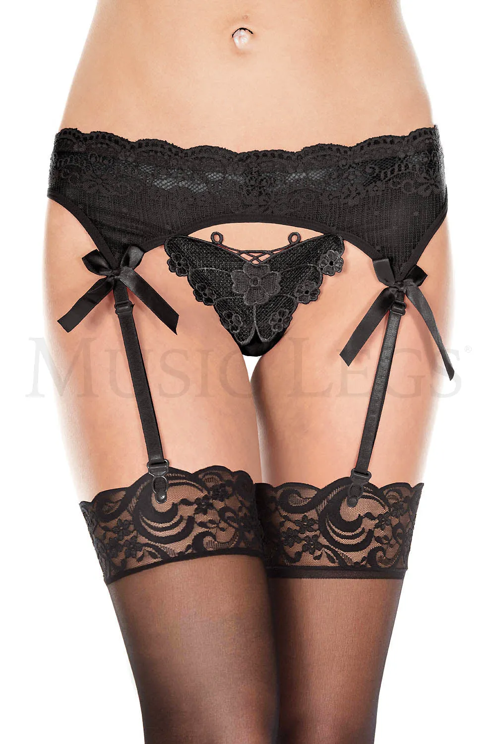Music Legs Ribbon Accents Lace Garterbelt With Butterfly Look G-String ML7736