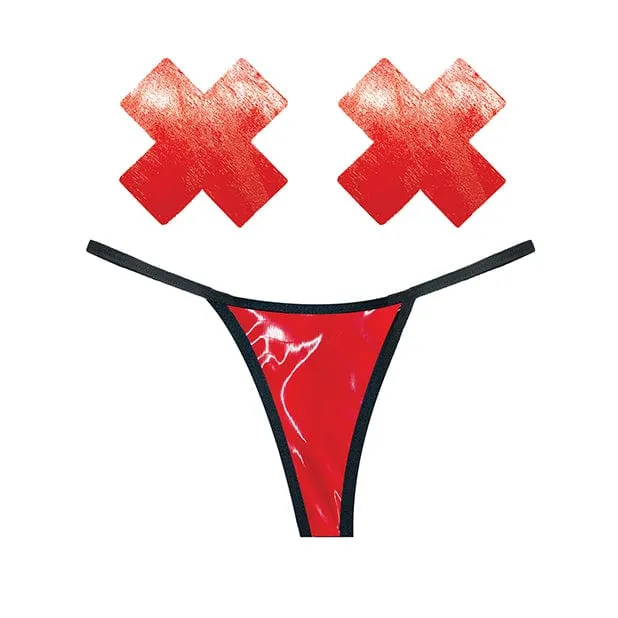 Neva Nude - Naughty Knix Vixen Wet Vinyl G String and Pasties Nipple Covers Set O/S (Red)
