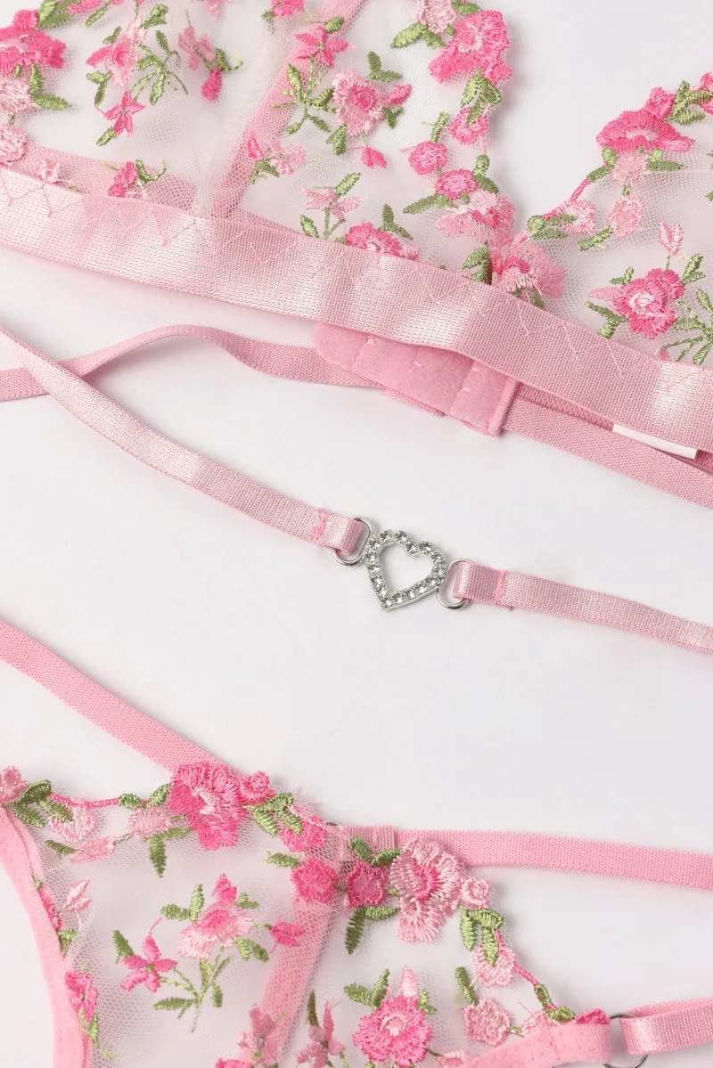 Pink Floral Embroidery Lingerie Set