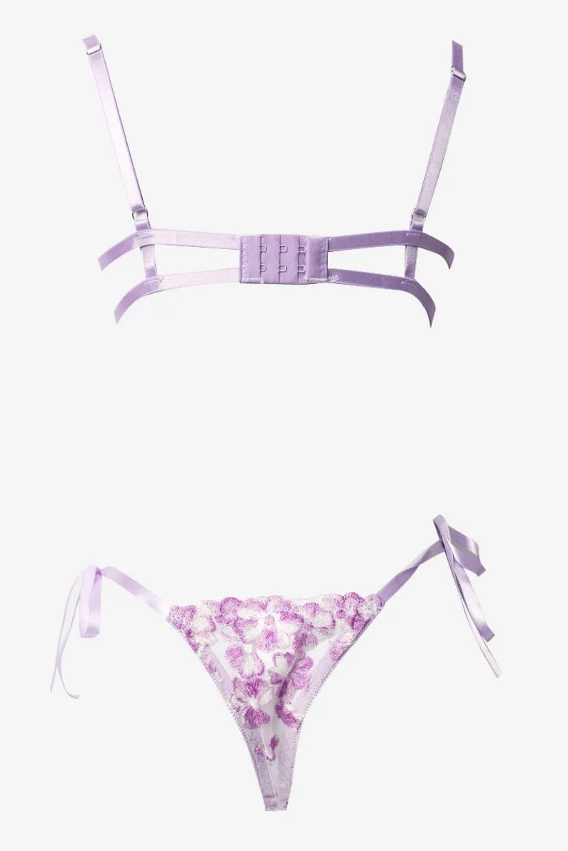 Purple Floral Embroidery Lingerie Set