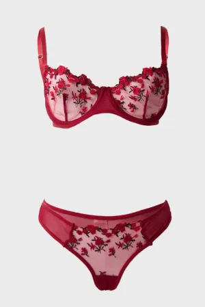 Red Floral Embroidery Lingerie Set