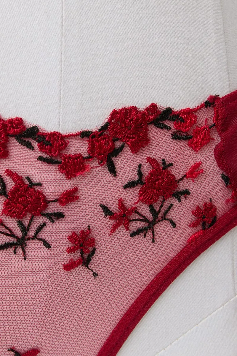 Red Floral Embroidery Lingerie Set