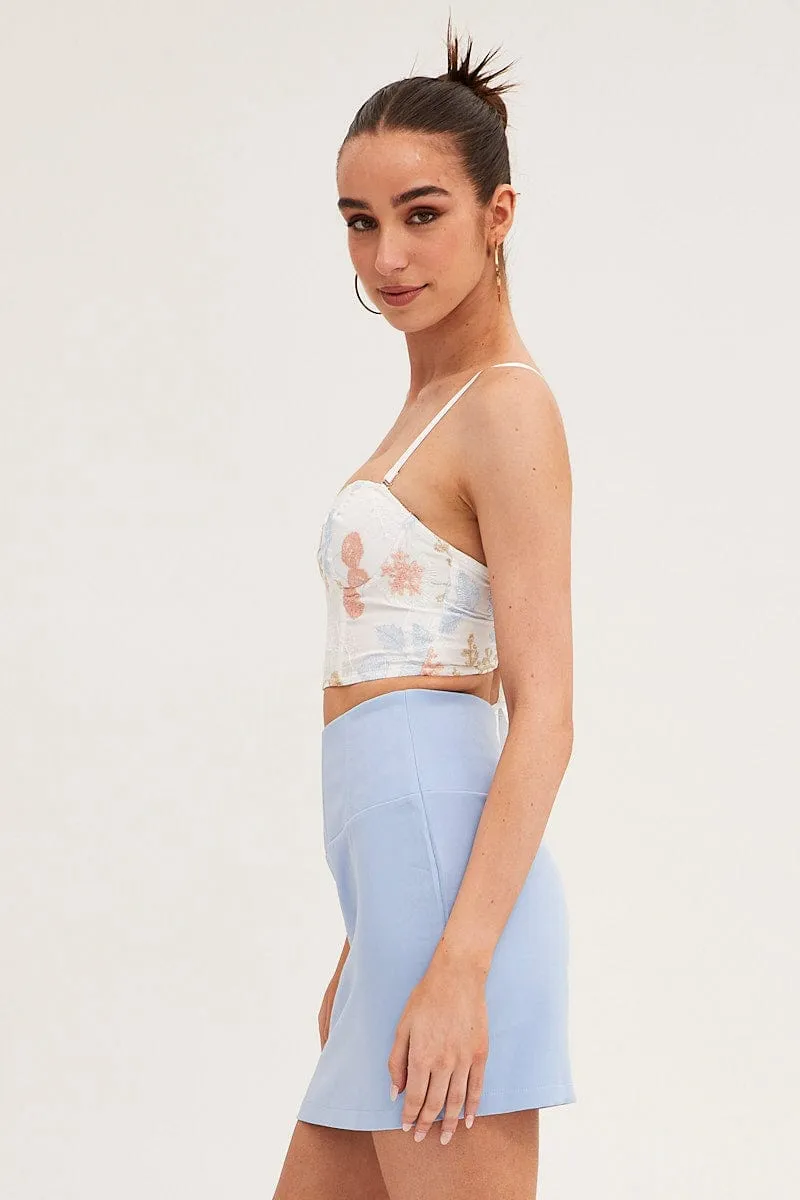 White Floral Print Lace Up Back Corset Top Lingerie