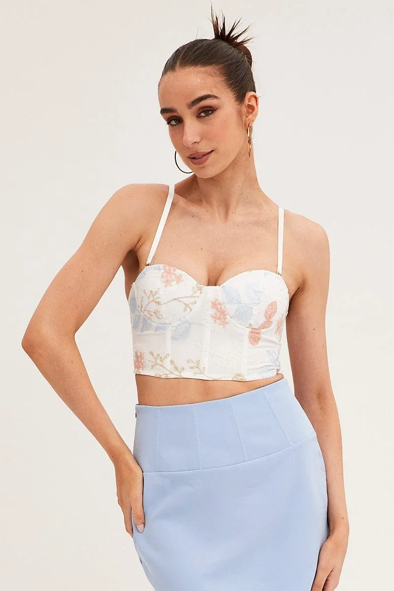 White Floral Print Lace Up Back Corset Top Lingerie